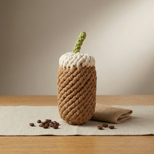 coffee decoration with a green stem on a wooden table with scattered coffee beans.