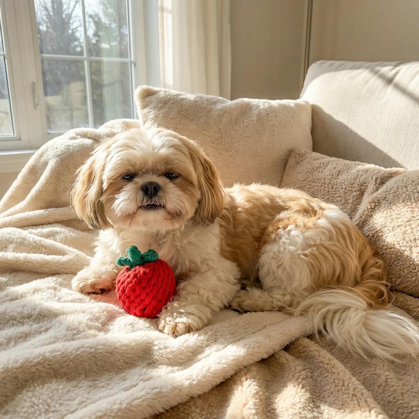 Small dog lying on a couch with a red toy, surrounded by soft textures