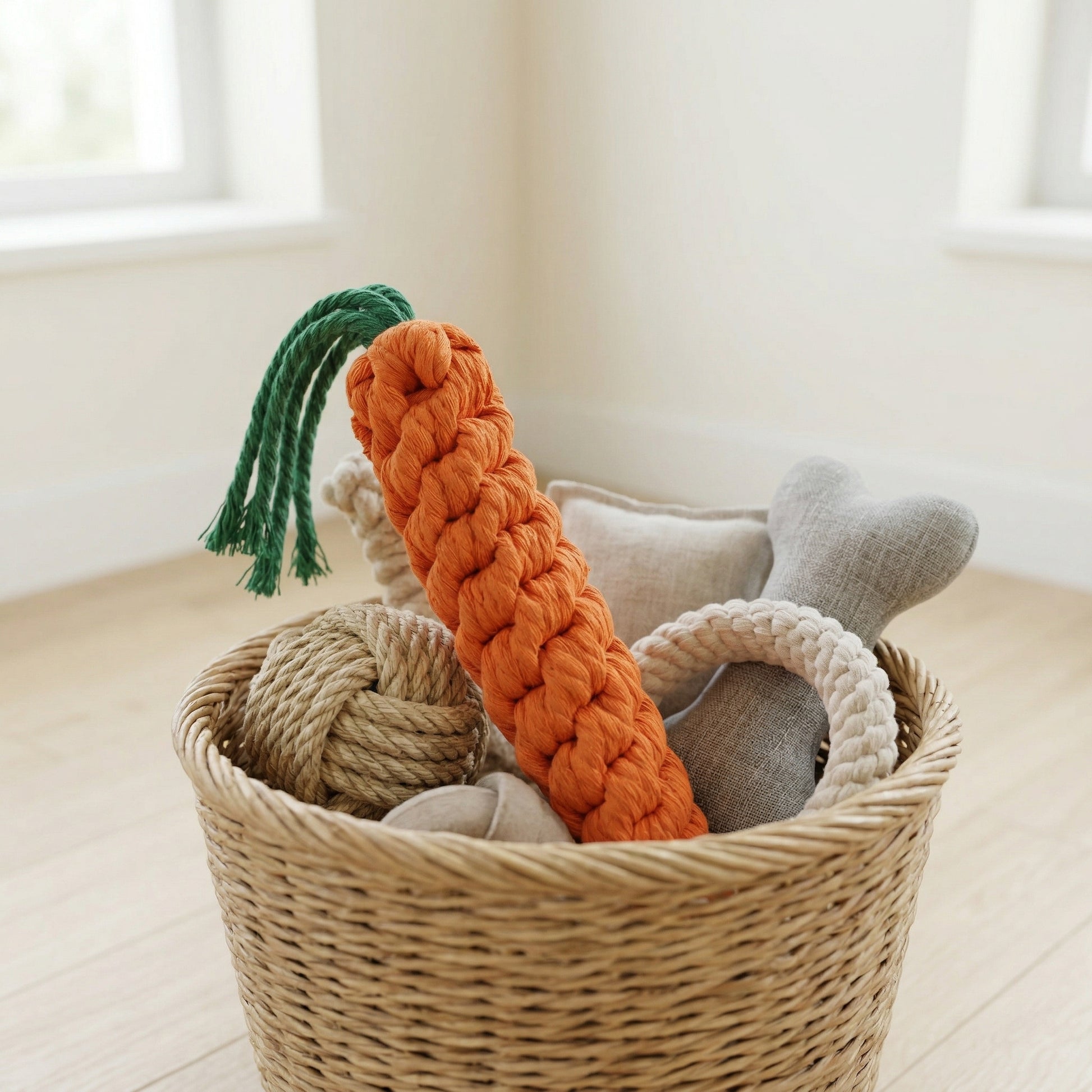 Basket with braided carrot toy, gray fabric ball, and rope ball on a light wooden floor.