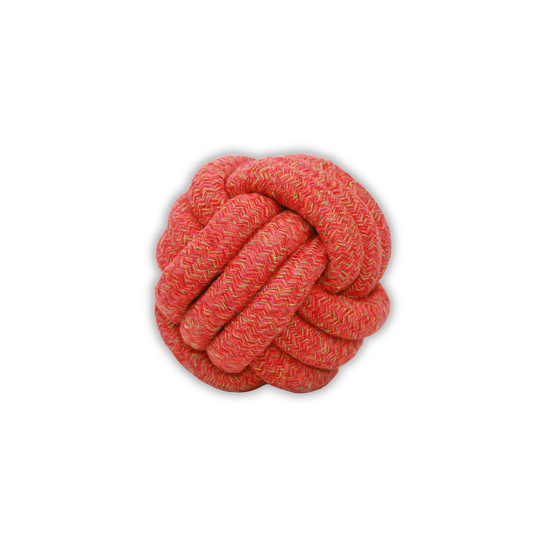 Red knotted rope toy on a white background