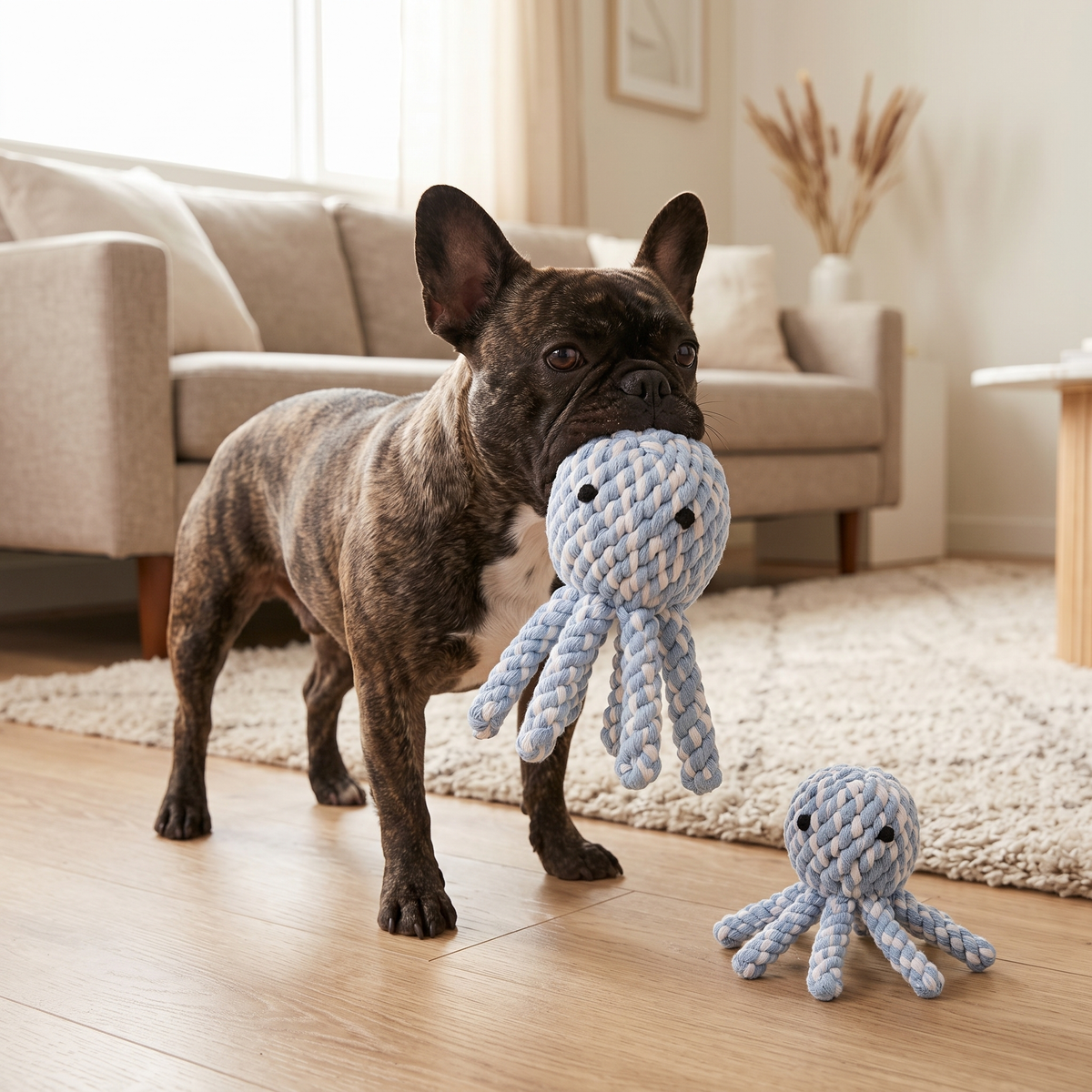 a French bulldog hold the handcrafted monli octopus toy