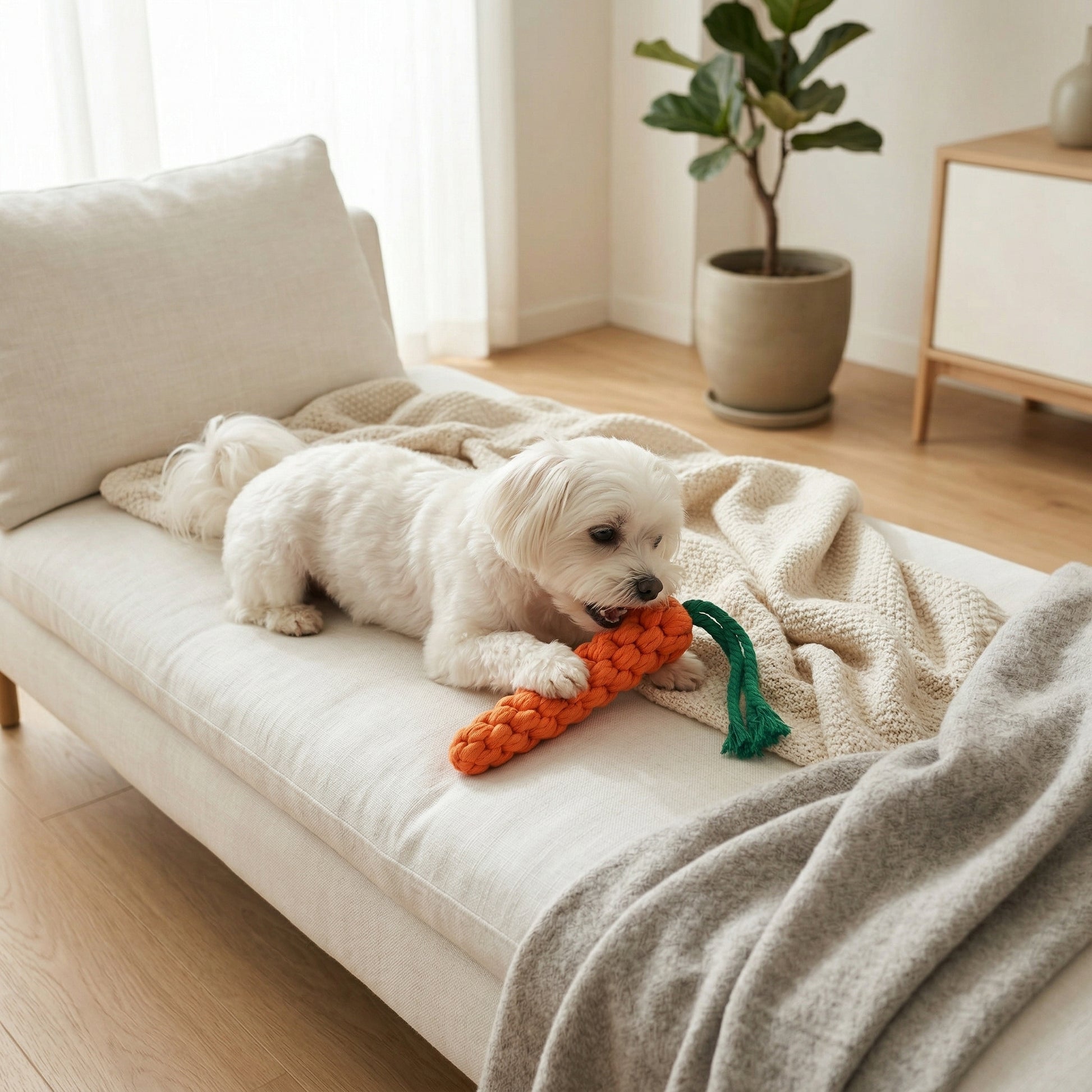 White dog playing with a carrot-shaped toy on a beige couch in a bright living room.