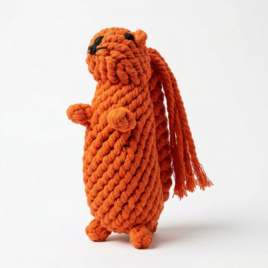 orange squirrel-shaped rope toy on a white background
