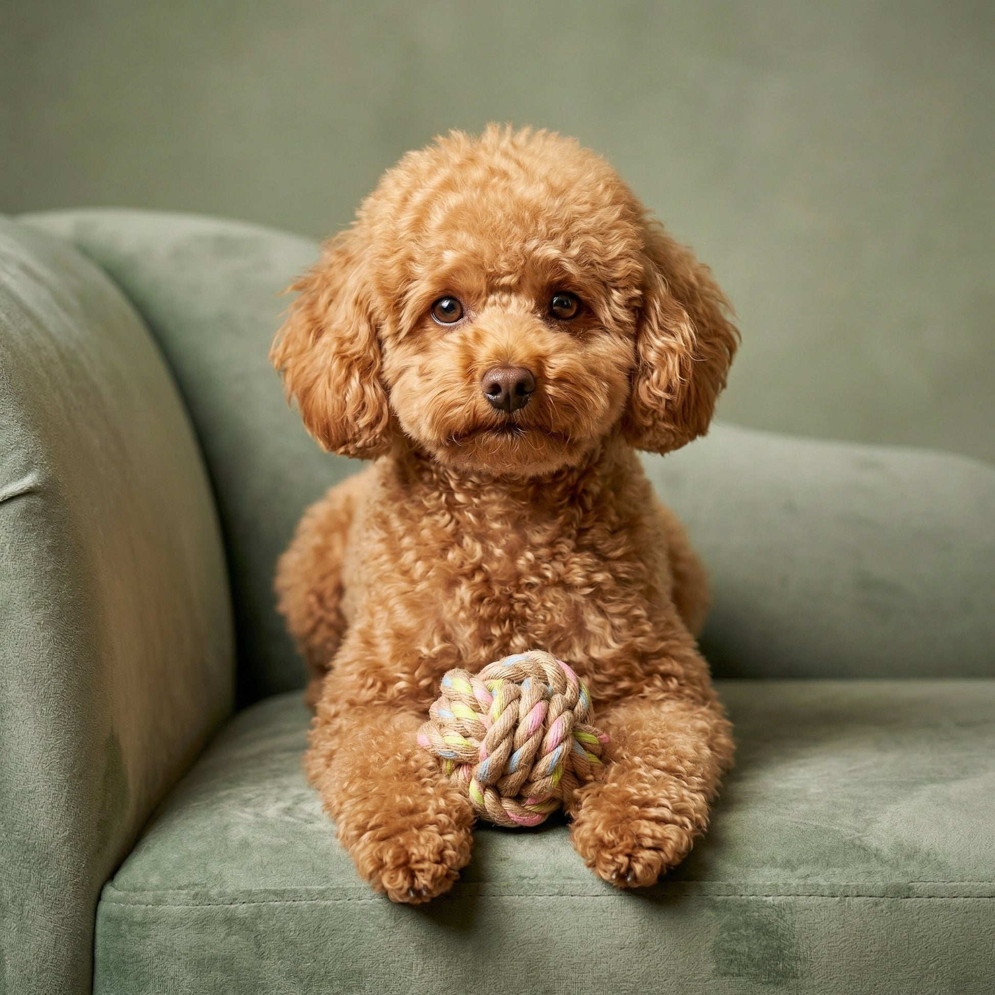 Small brown dog sitting on a green couch holding a rope toy.