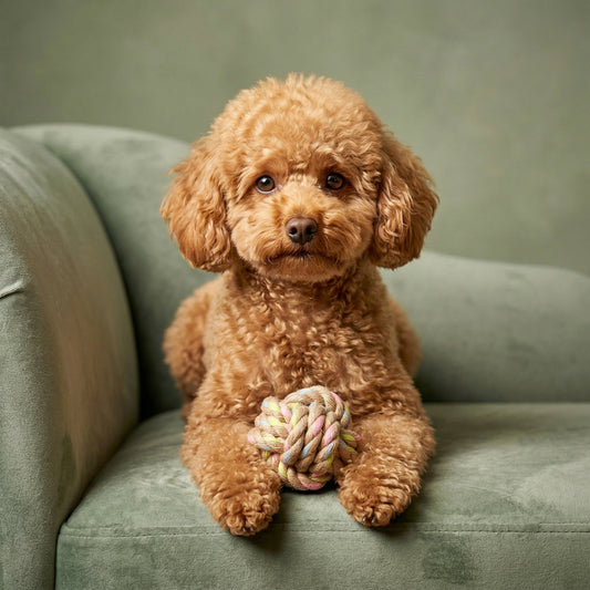 Small brown dog sitting on a green couch holding a rope toy.