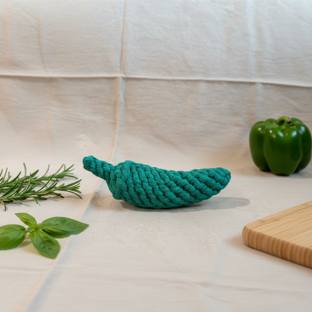 Teal rope toy shaped like a leaf on a light surface with green pepper and herbs.