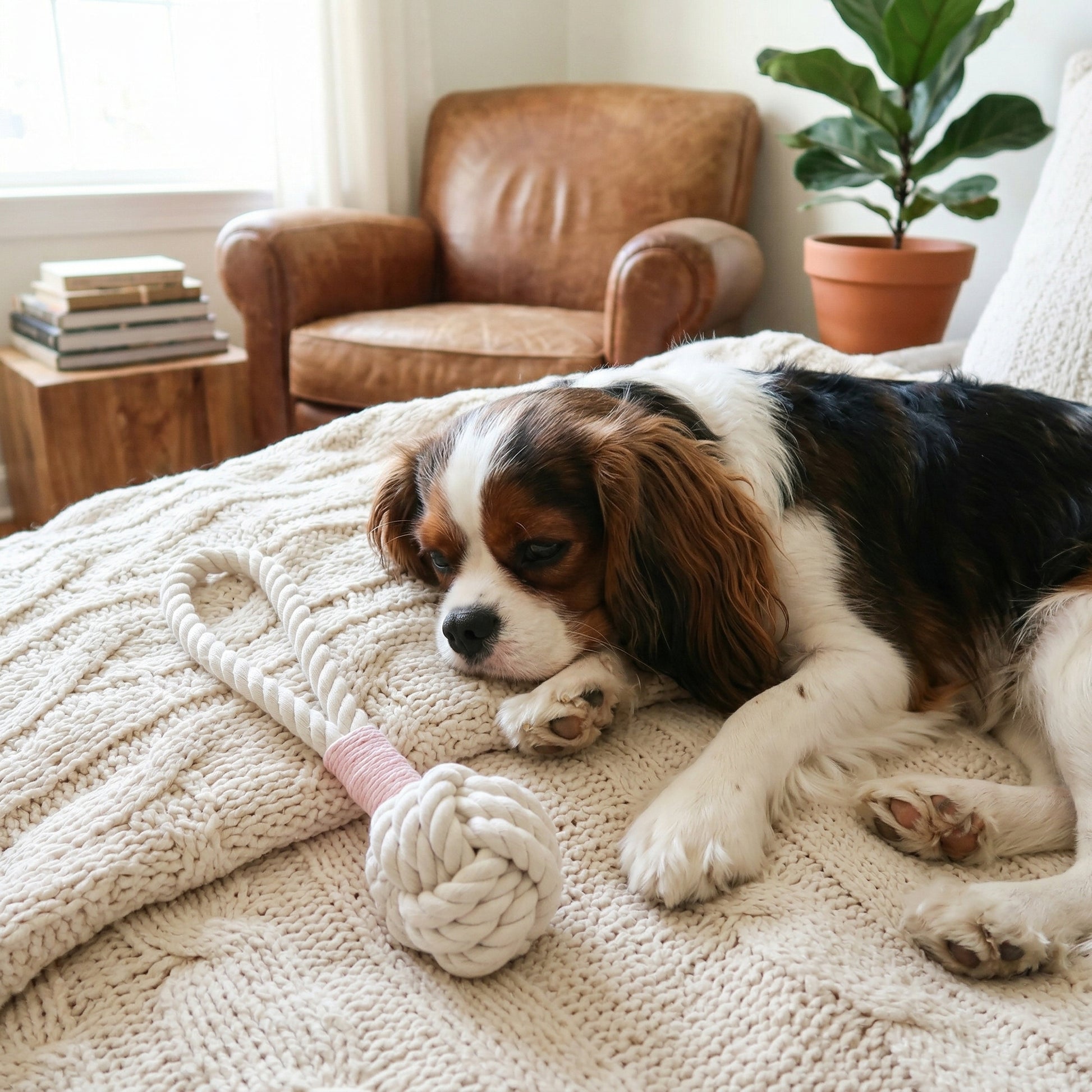 Dog lying on a blanket with a rope toy in a cozy living room.