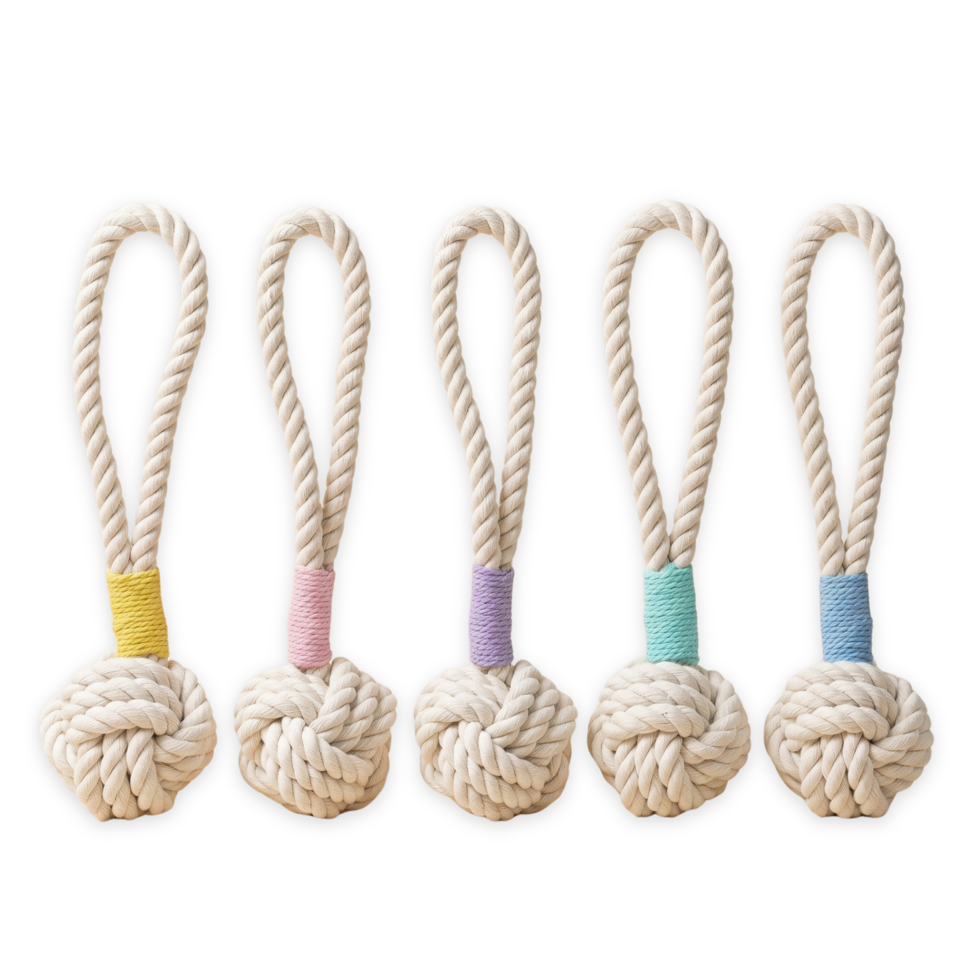 Five rope toys with knotted ends and colorful bands on a white background