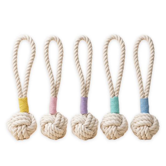 Five rope toys with knotted ends and colorful bands on a white background