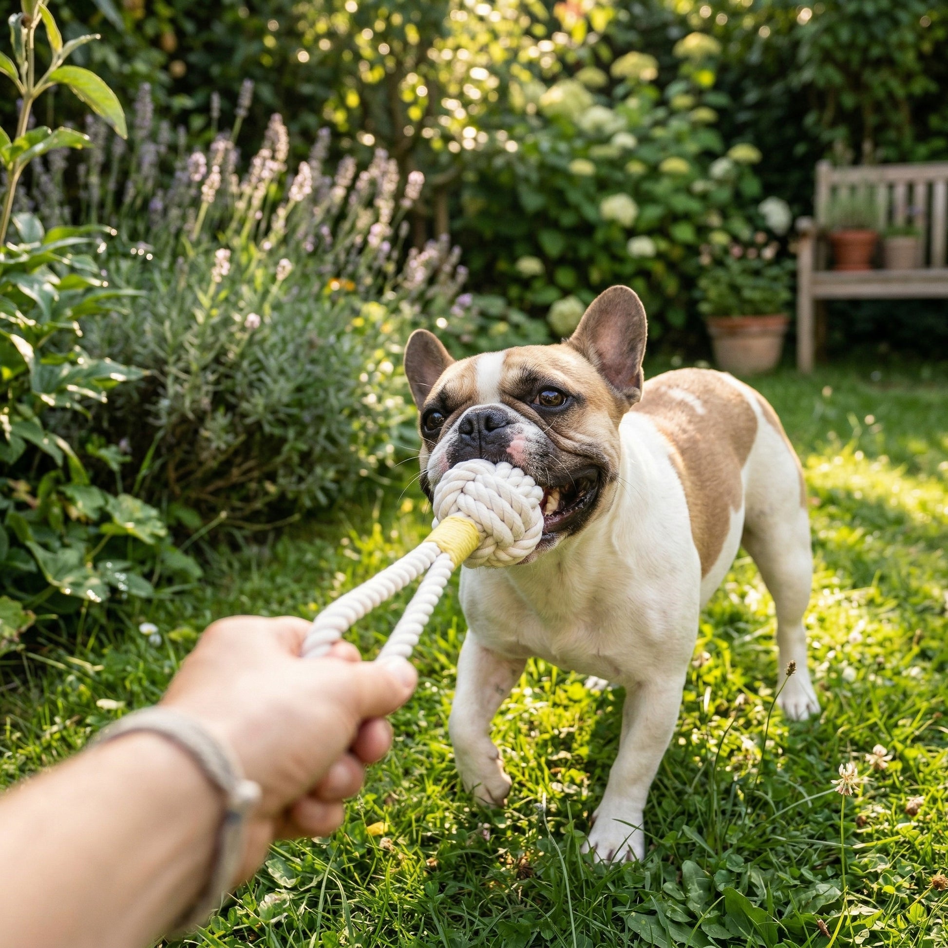 Dog playing with a rope toy in a garden