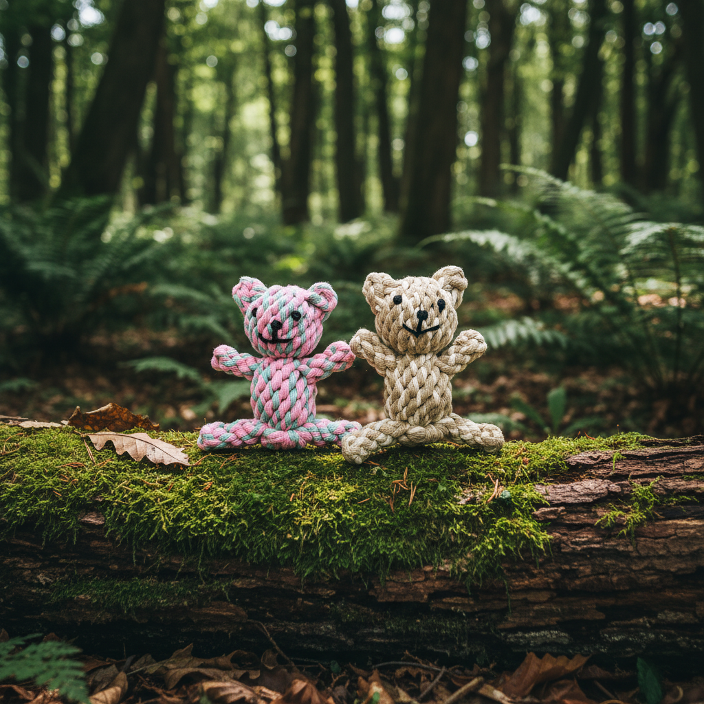 Two knitted teddy bears, one pink and one white, sitting on a log in a forest.