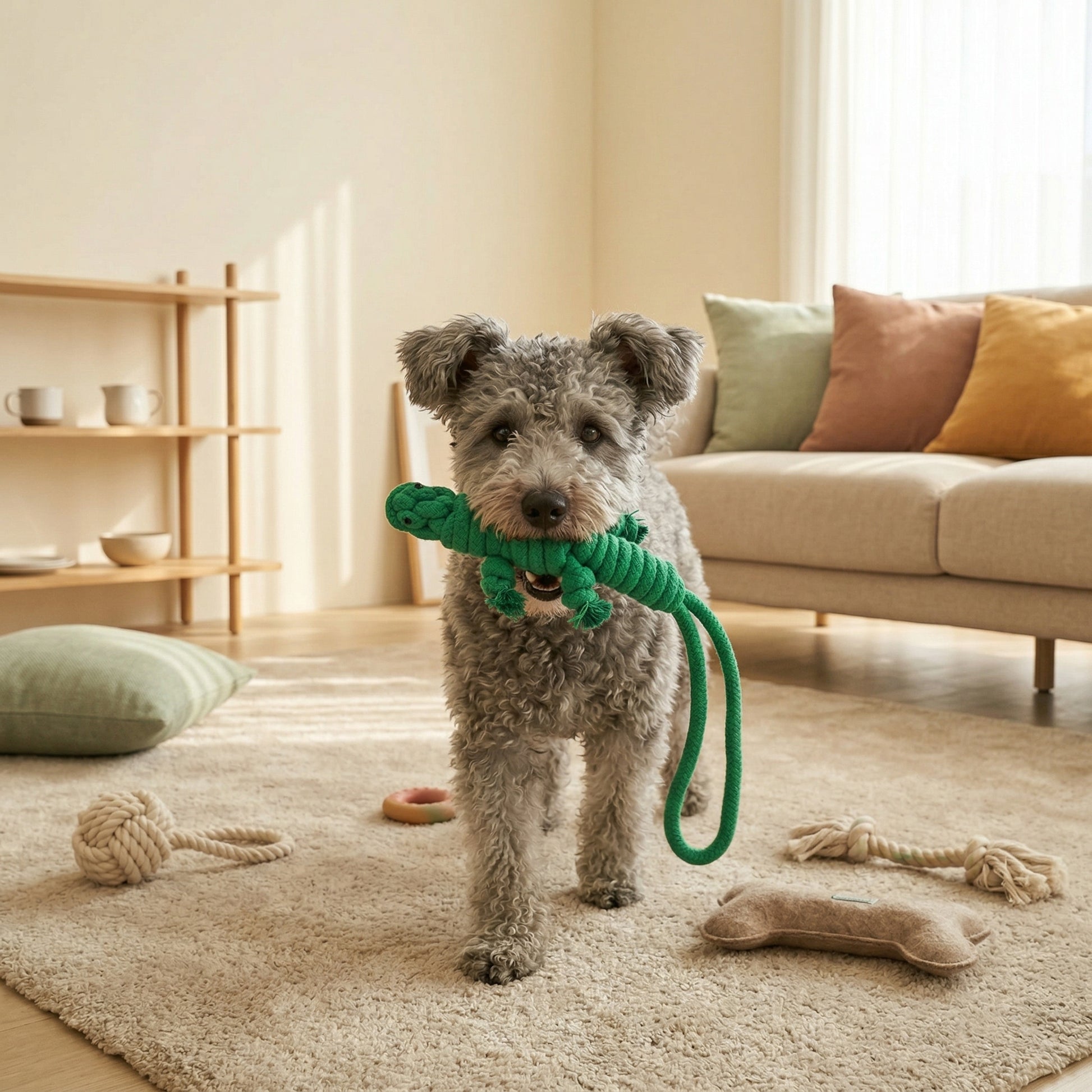 Dog playing with a green rope toy in a living room.