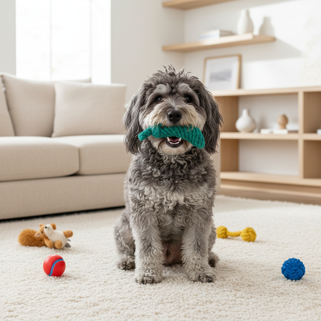 Dog holding a green toy in its mouth in a living room setting