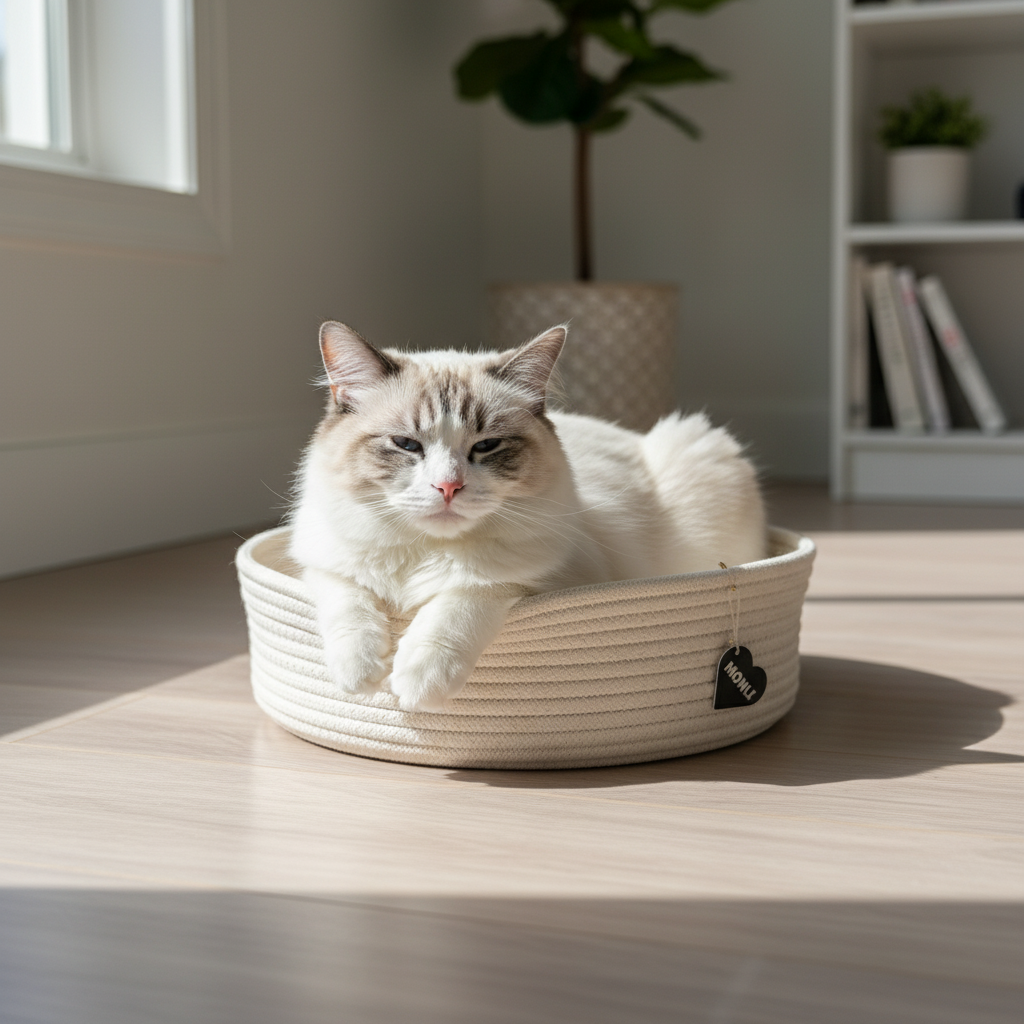 Cat lying in a woven pet bed on a wooden floor with a plant and books in the background
