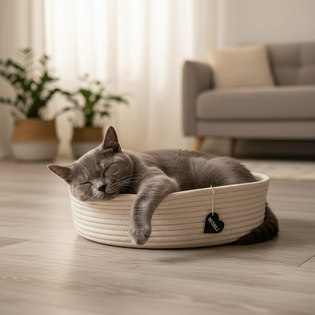 Cat sleeping in a woven pet bed with a blurred living room background