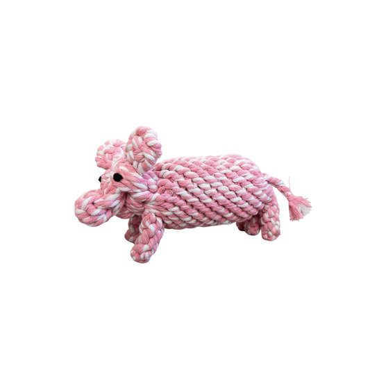 Pink and white rope dog toy shaped like a dog on a white background