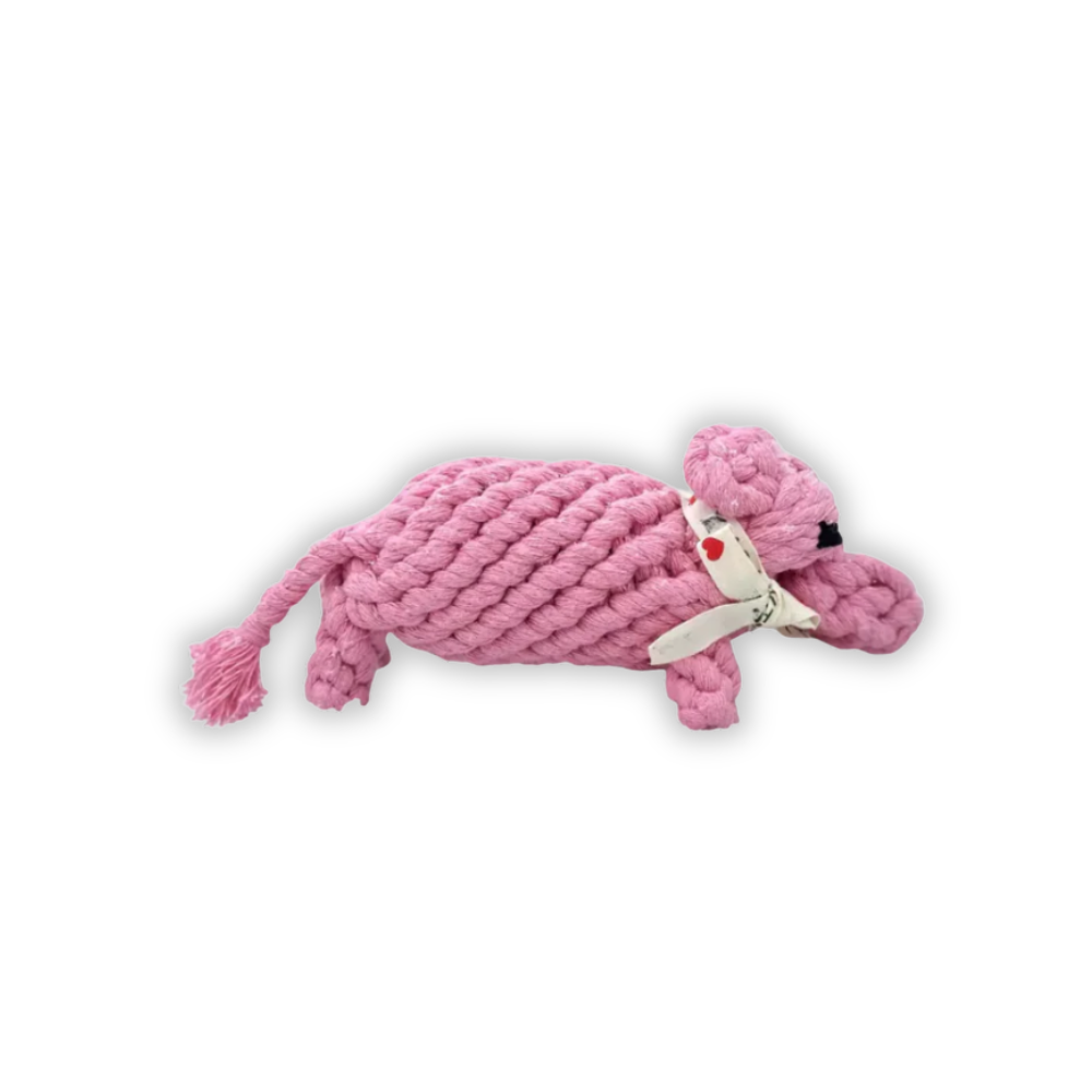 Pink knitted dog toy on a white background