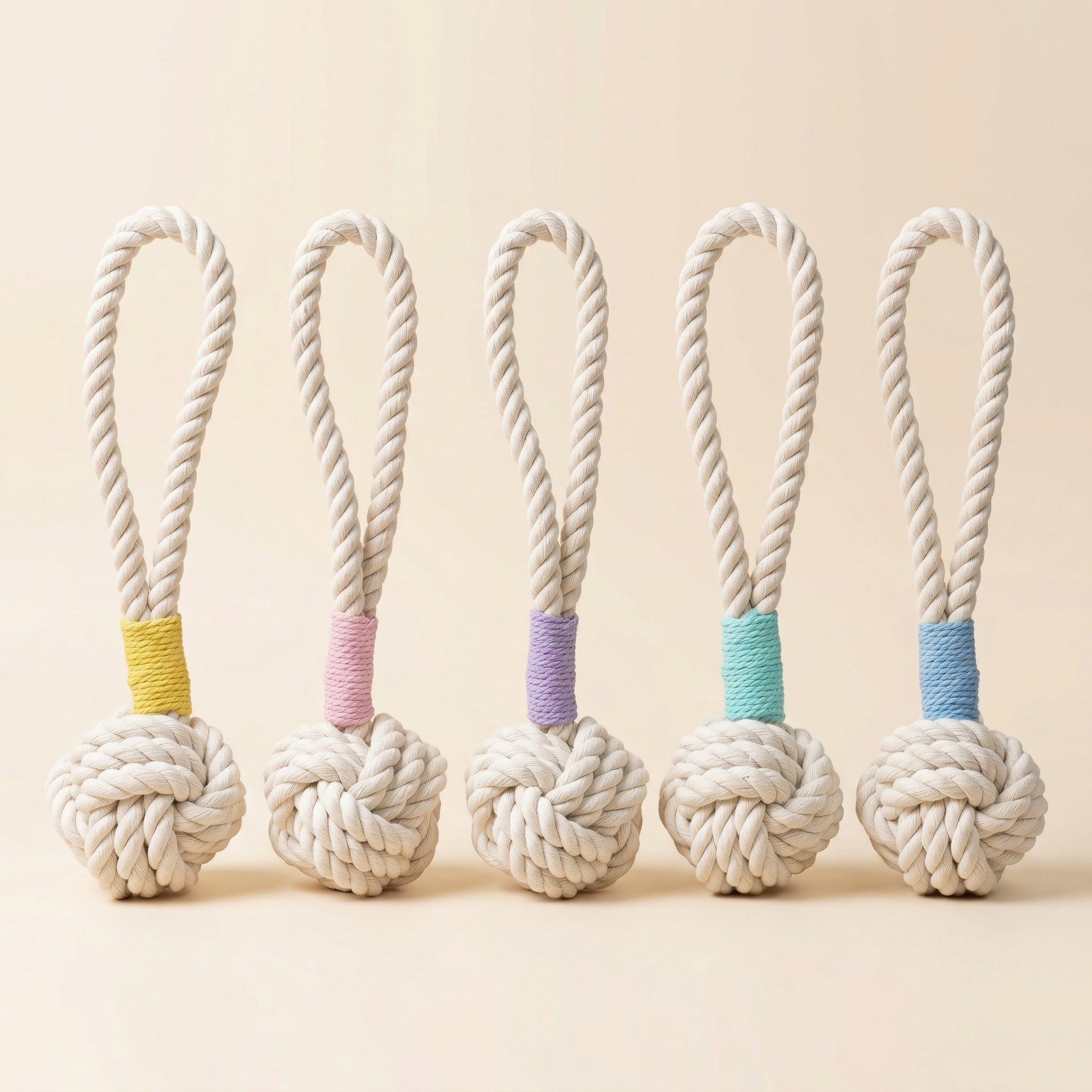 Five rope toys with knotted ends and colorful bands on a beige background