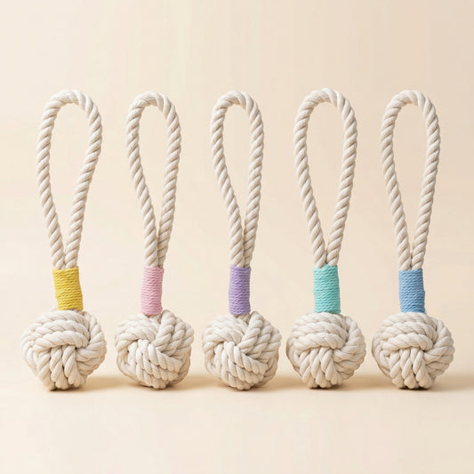 Five rope toys with knotted ends and colorful bands on a beige background