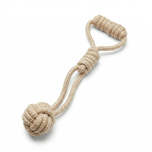 Natural rope knot toy on a white background