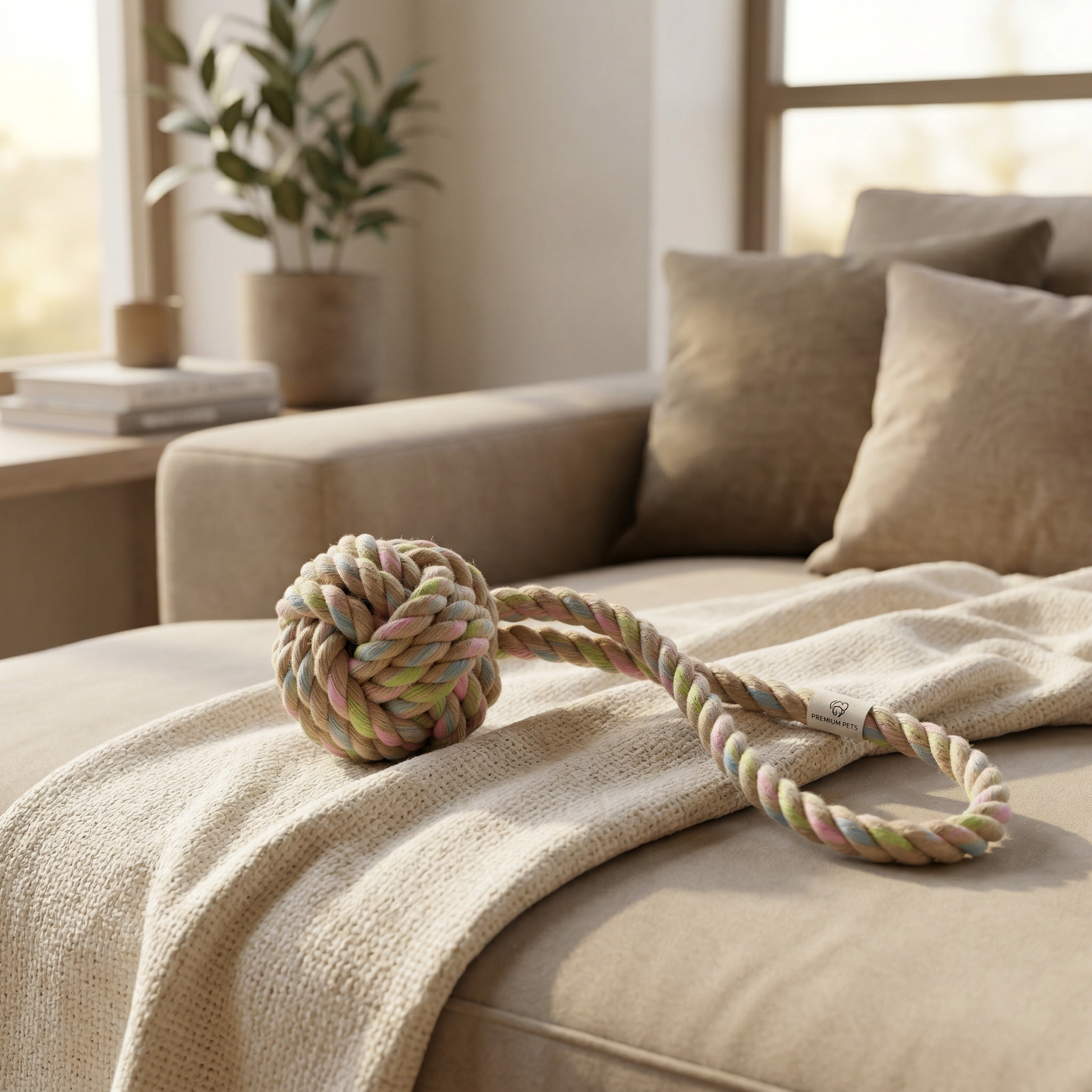 Dog toy with a rope on a beige couch in a cozy living room.