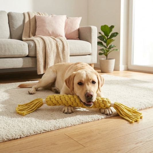 Dog playing with a yellow toy on a rug in a living room.