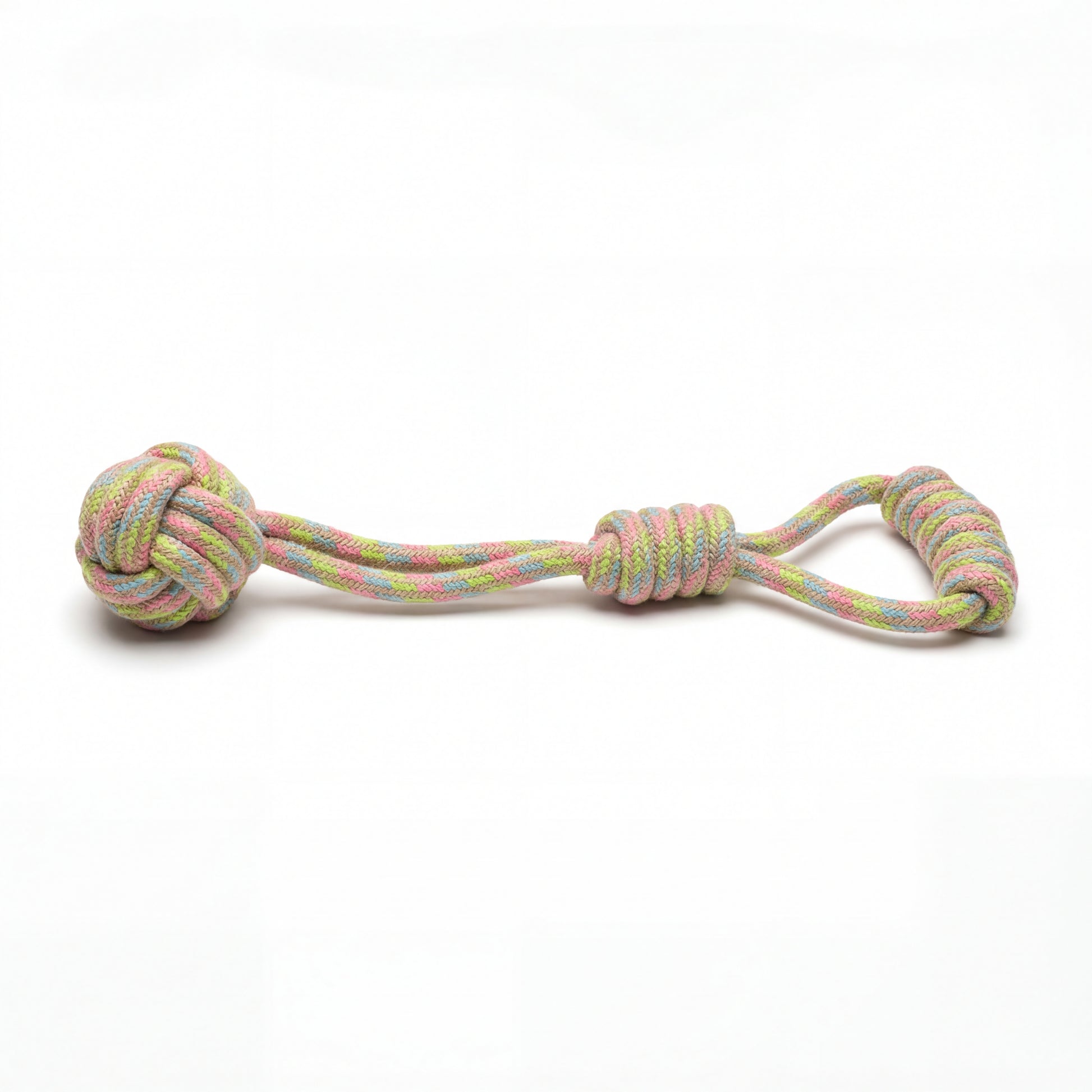 Colorful knotted rope toy on a white background