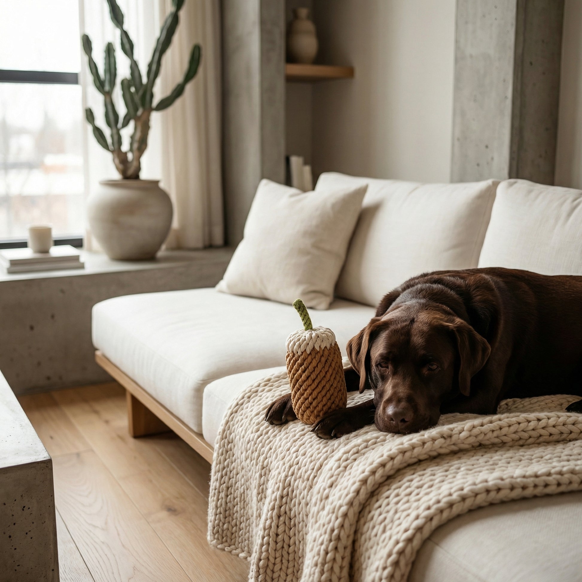 Dog lying on a couch with a coffee toy in a cozy living room.