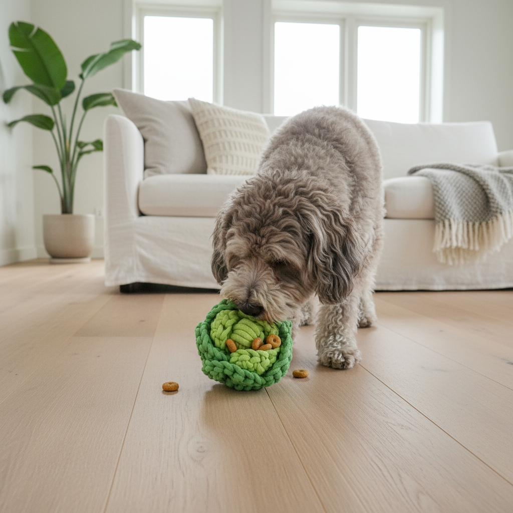 Dog playing with a green knitted toy on a wooden floor in a living room.