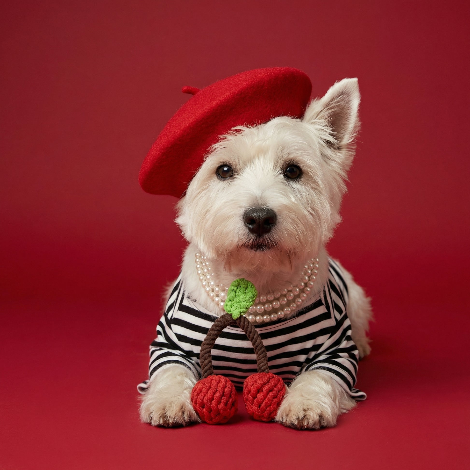 White dog wearing a red beret, striped shirt, and holding red flowers on a red background