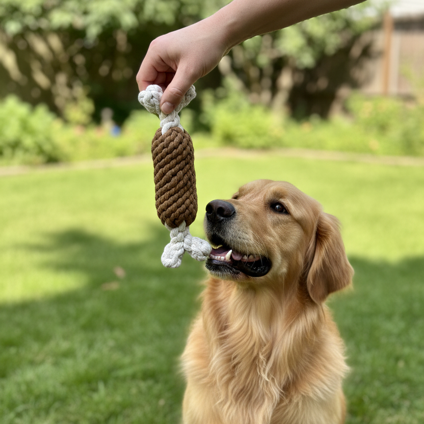 Dog with a rope toy held by a person outdoors on grass
