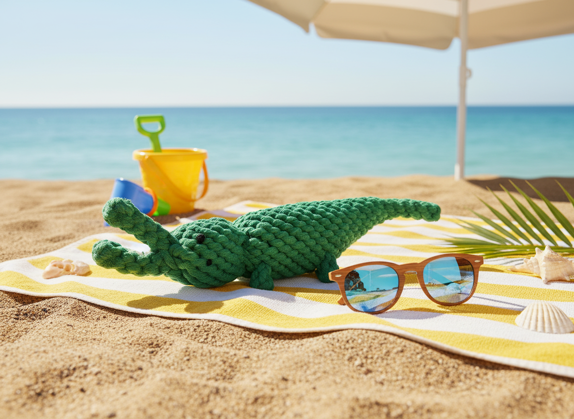 Green knitted alligator toy on a beach towel with sunglasses and sand toys in the background.