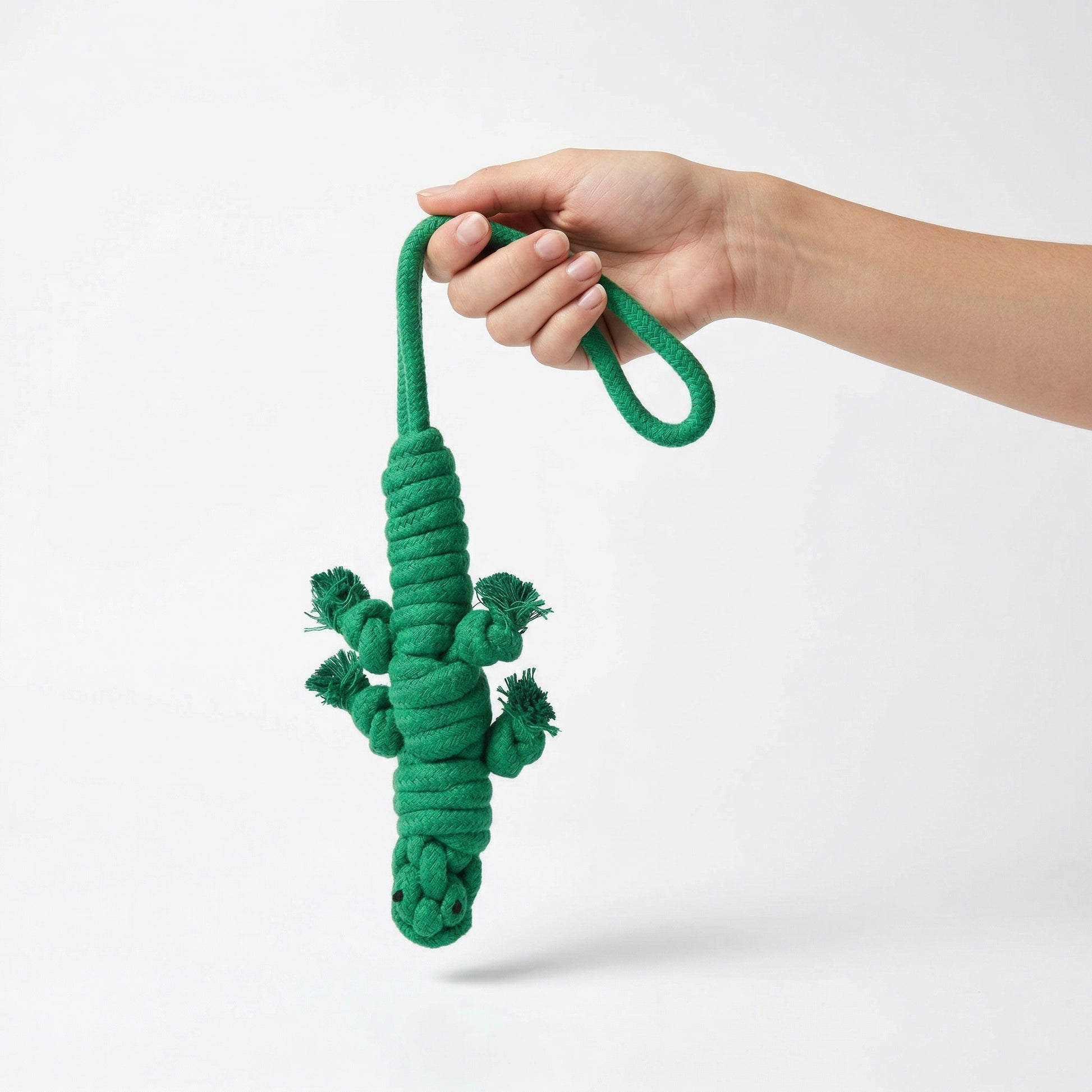 Green rope toy shaped like a cactus held by a hand on a white background