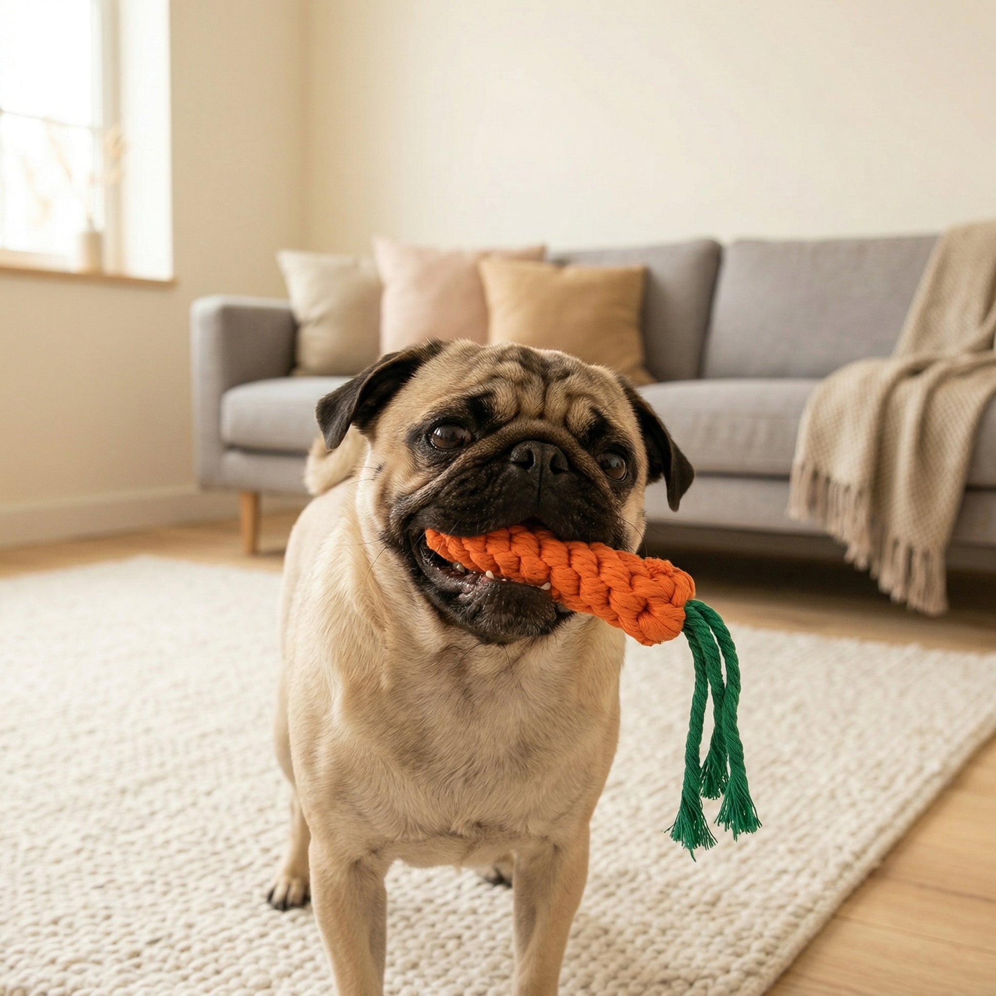 Pug holding a carrot-shaped toy in a living room