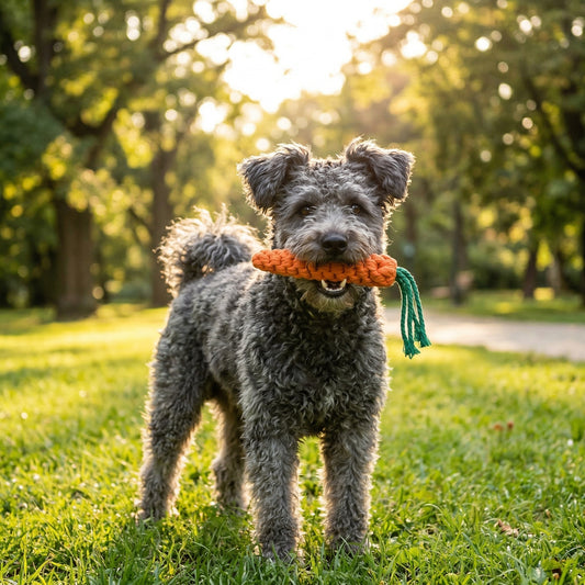 Dog holding a carrot-shaped toy in a park