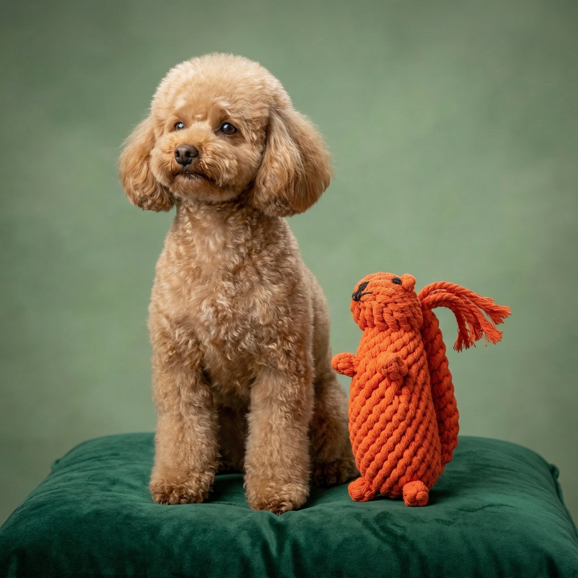 Poodle sitting next to an orange rope toy on a green cushion with a green background