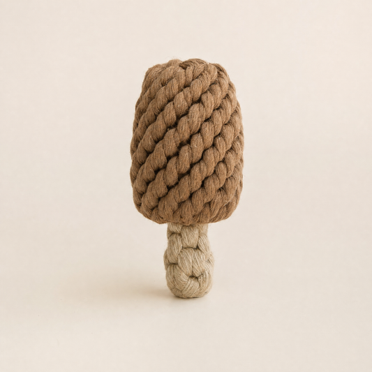A ice cream bar shaped dog toy made of thick braided rope, featuring a brown cap and a beige stem, set against a solid light beige background.