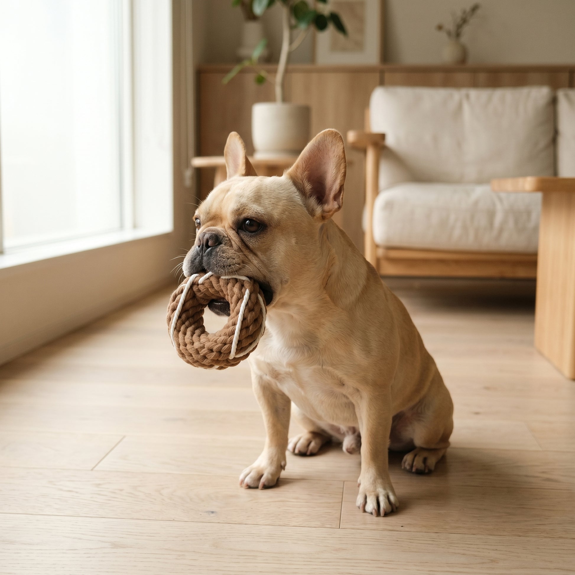 Dog holding a donut rope toy in a living room