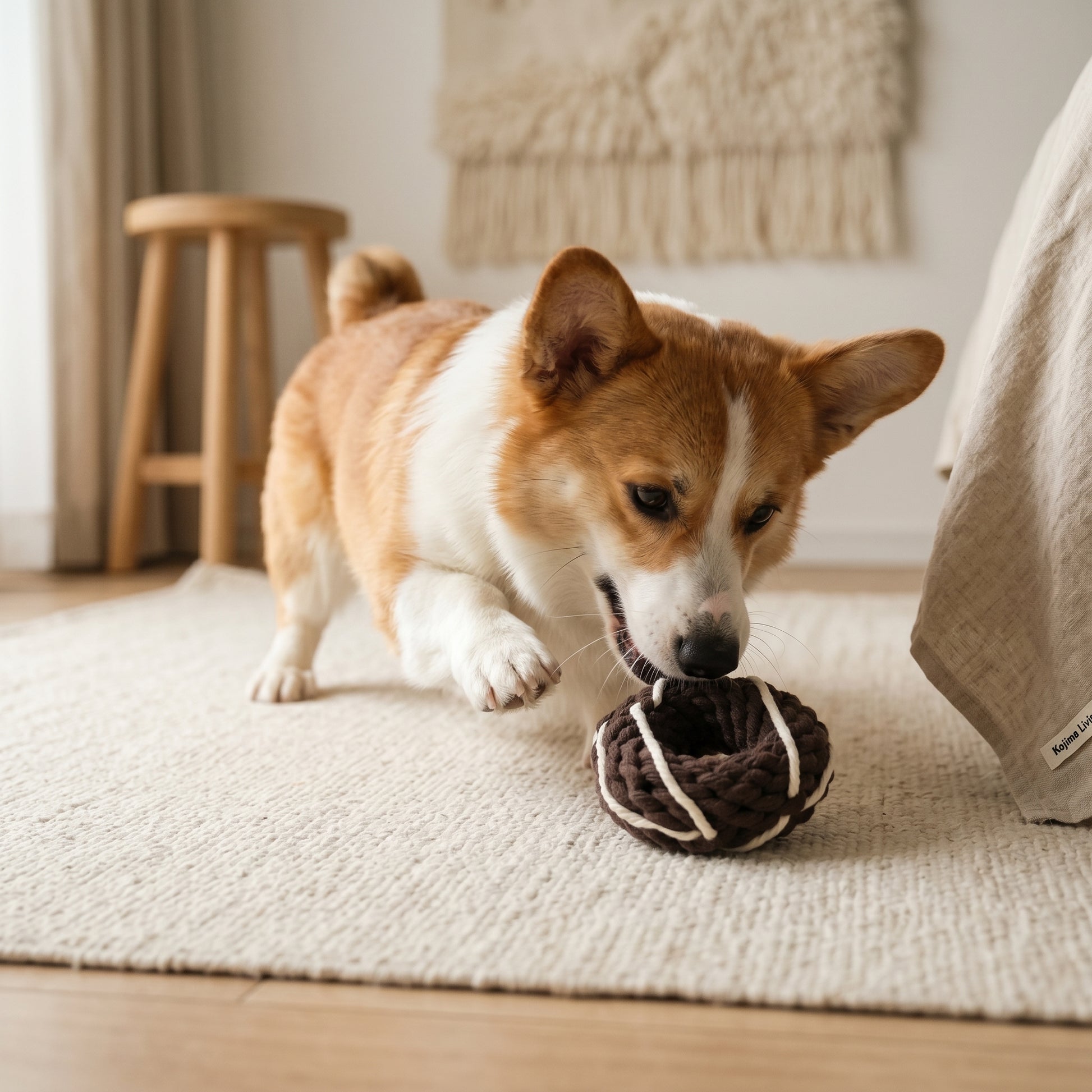 Dog playing with a donut rope toy on a carpeted floor.