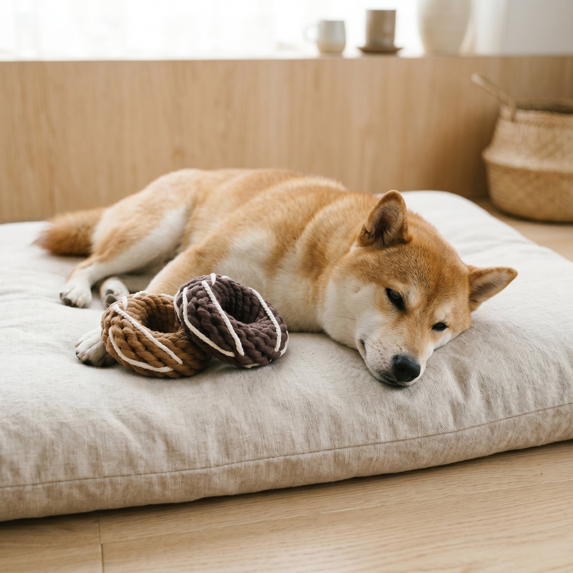 Dog lying on a cushion with a donut  toy in a cozy living room.