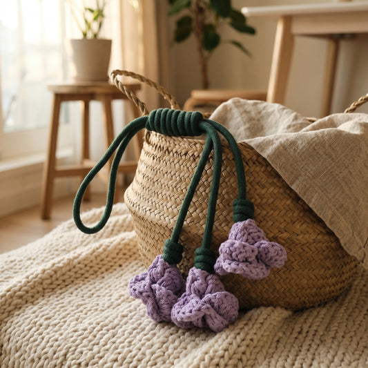 A woven straw basket with dark green braided handles and three dangling purple crocheted flower charms, styled on a cream knit blanket in a softly lit room.