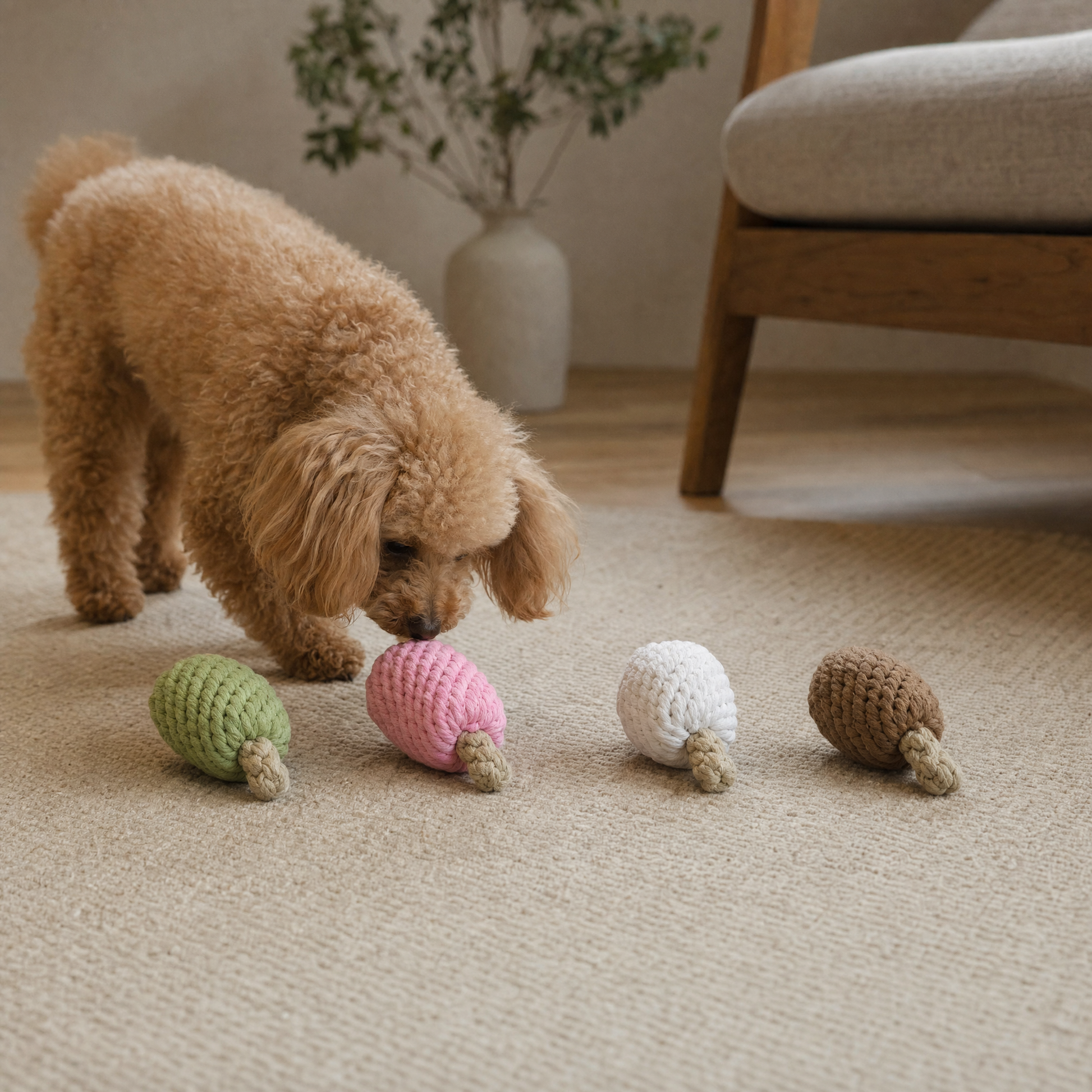 A small tan dog stands on a beige carpet in a softly lit room, sniffing a knitted popsicle shaped dog toy. Three more popsicle toys in green, pink, white, and brown are lined up on the floor nearby, with a chair and vase in the background.