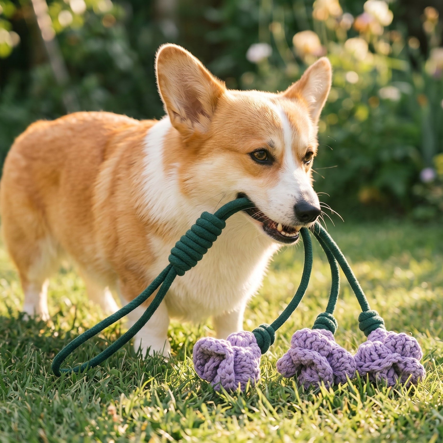 A corgi dog on a grassy lawn holding a green rope tug toy with purple knotted ends in its mouth, with a blurred garden background.