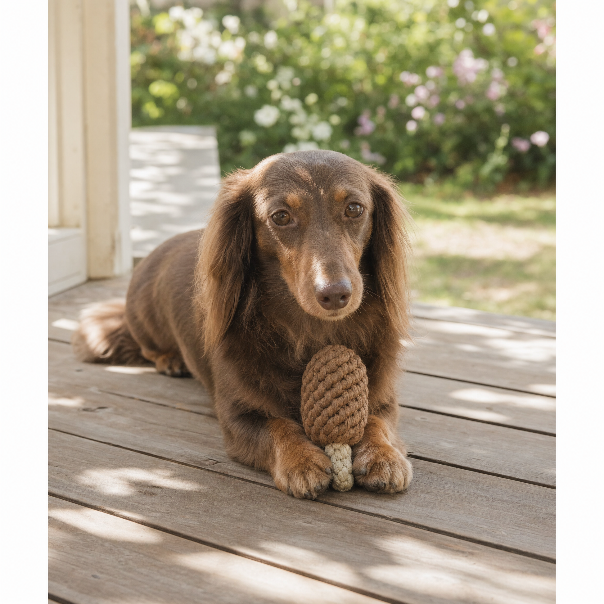 A brown dachshund lies on a wooden deck outdoors, holding a rope toy in its paws. The background shows a blurred garden with green foliage and light pink flowers.