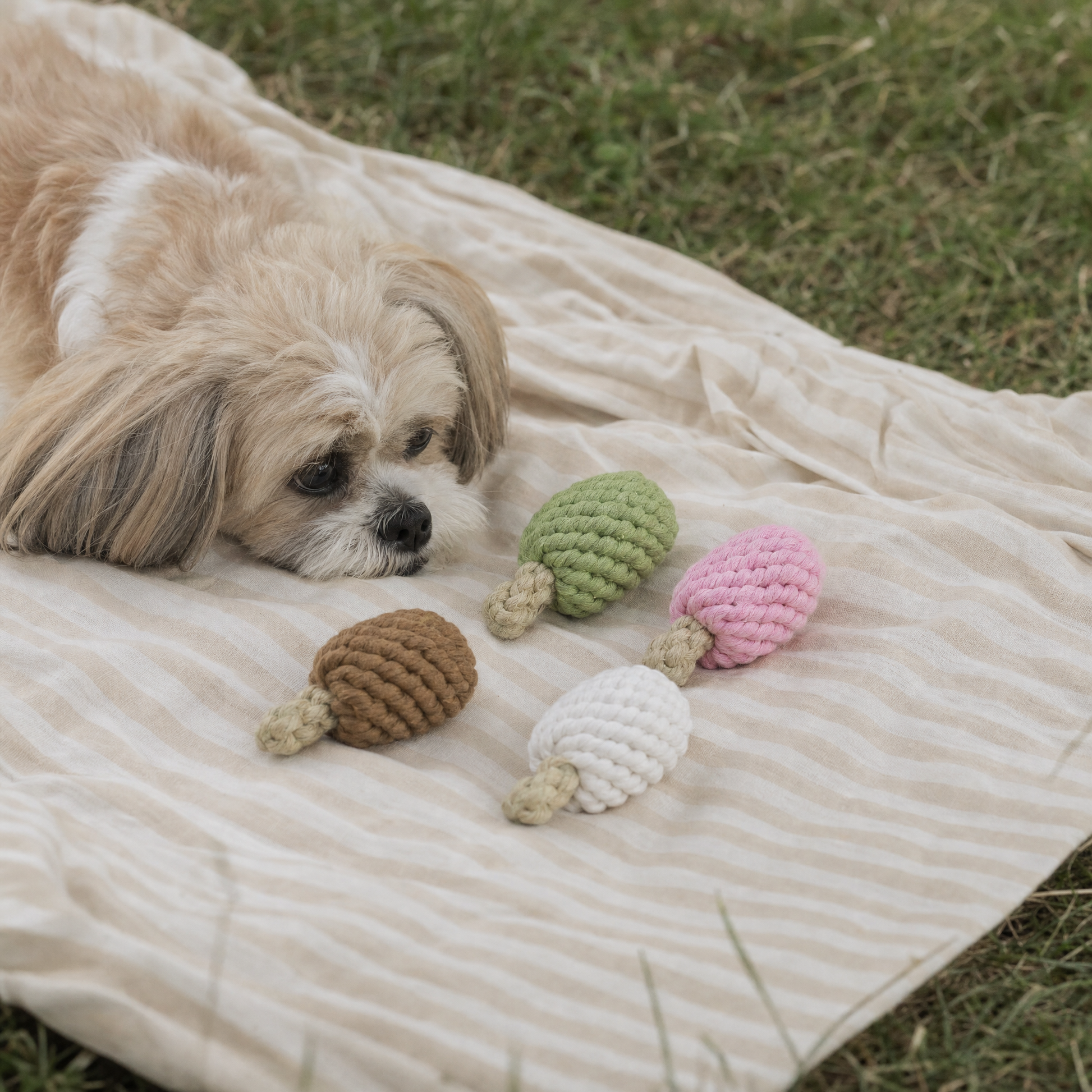 A small fluffy dog lies on a cream striped blanket outdoors on grass, looking at four knotted rope toy popsicle in brown, green, white, and pink.