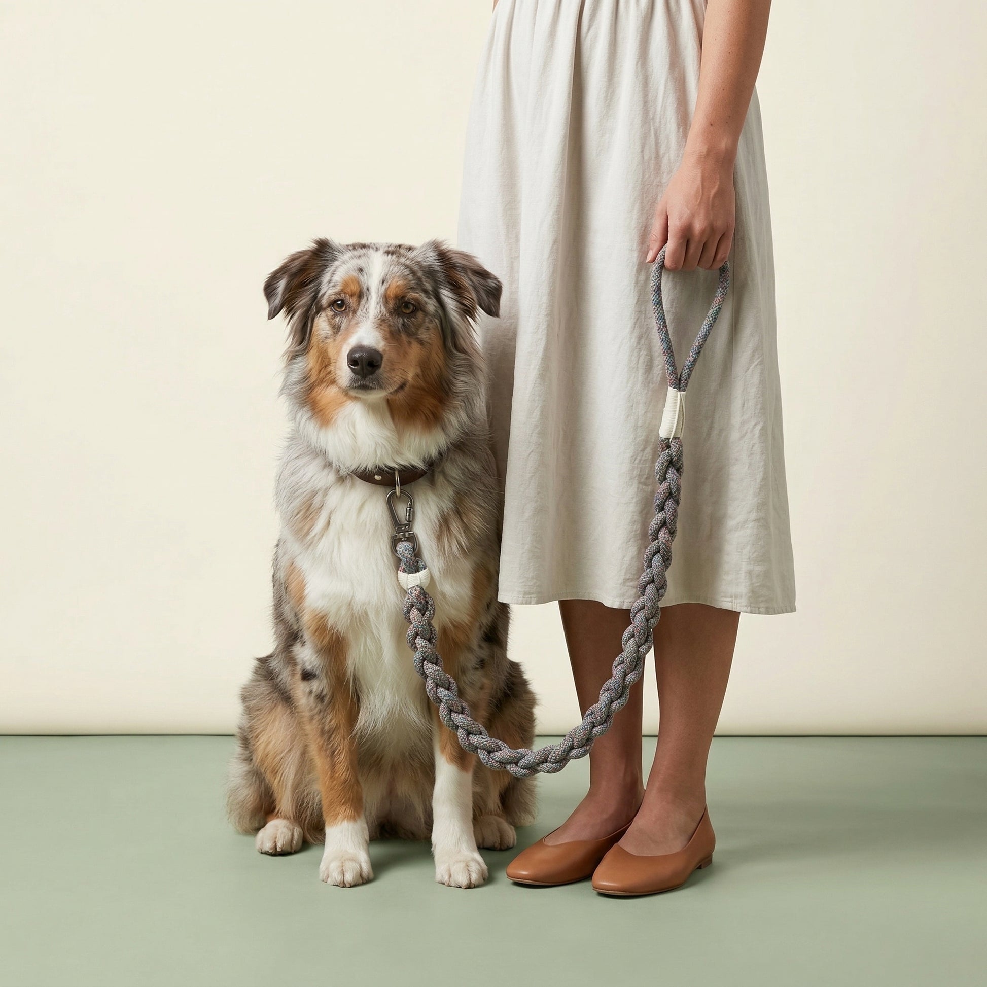 Dog sitting next to a person holding a leash on a plain background