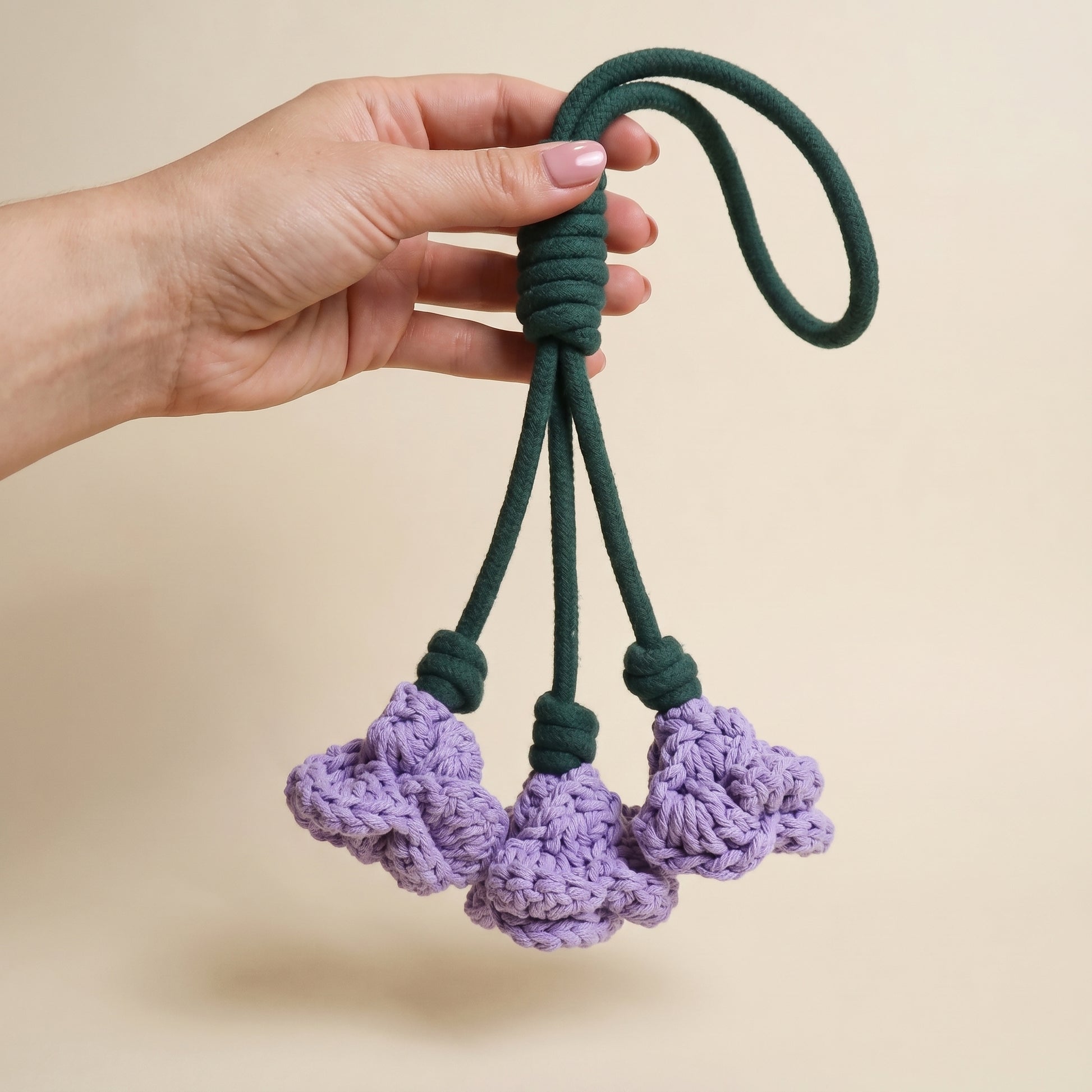 A hand holding a dog chew toy made of dark green rope and three knotted purple crochet flower-like ends, against a plain beige background.