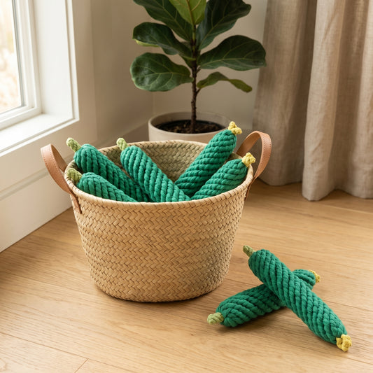 Green cucumber rope toys in a woven basket on a wooden floor with a plant in the background.