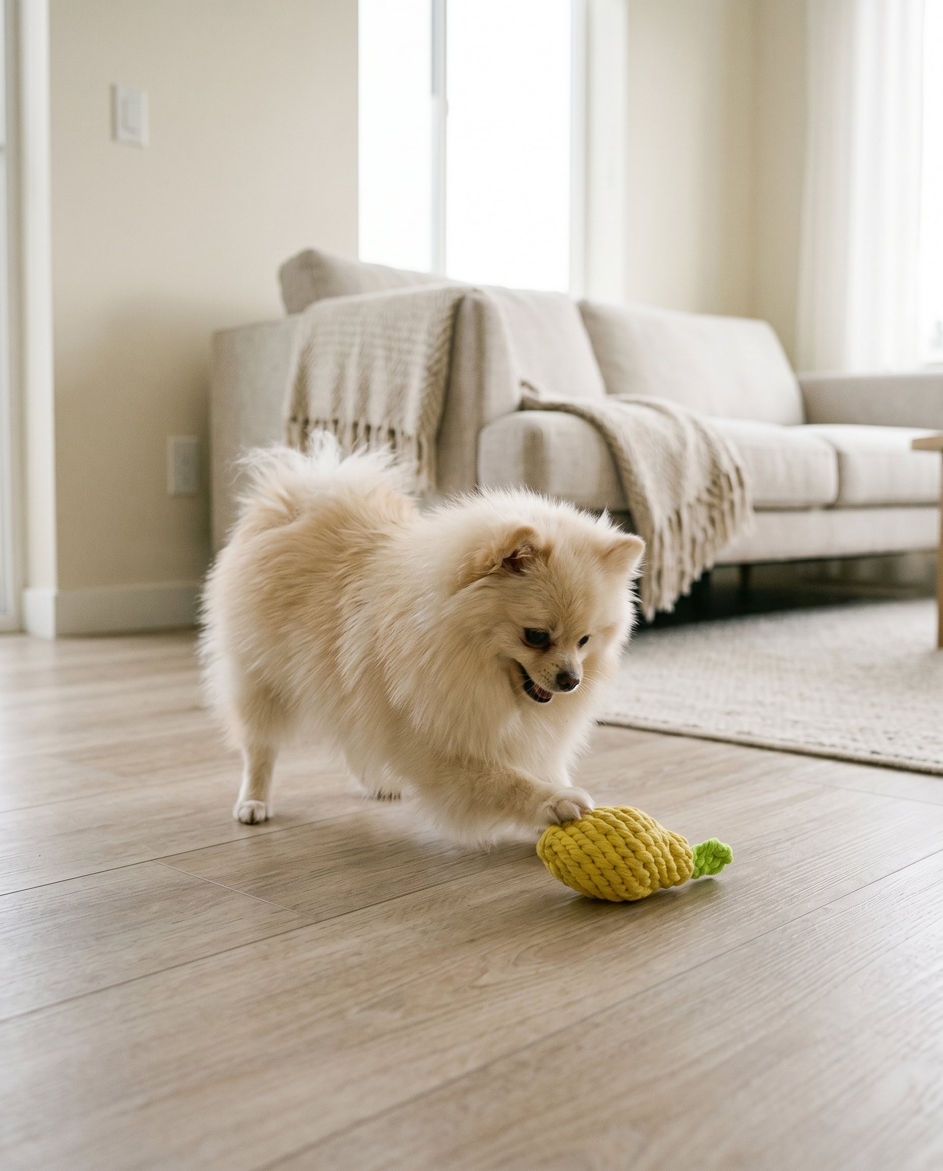 Small dog playing with a yellow Lemon on a wooden floor in a living room.