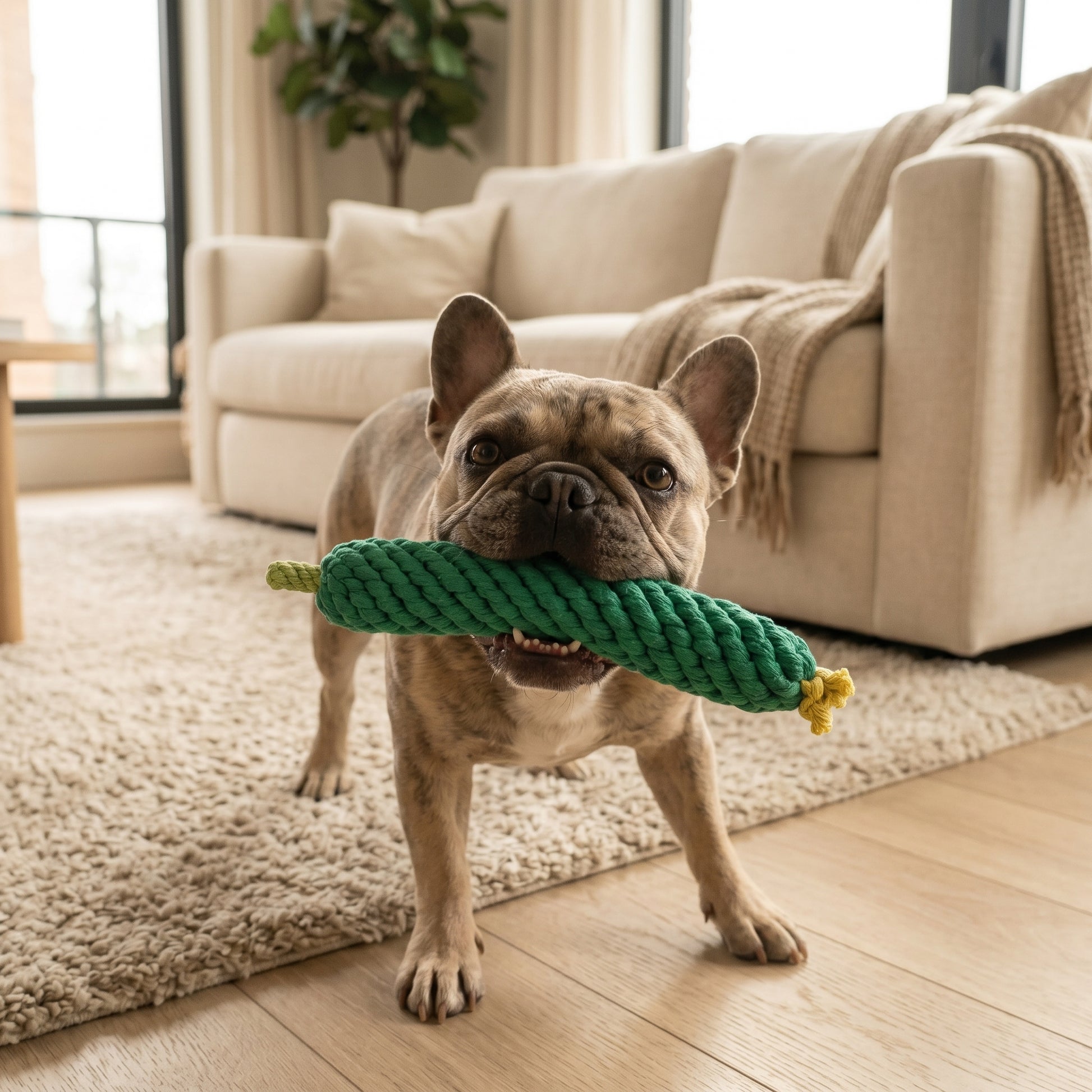 Dog playing with a green cucumber  toy in a living room